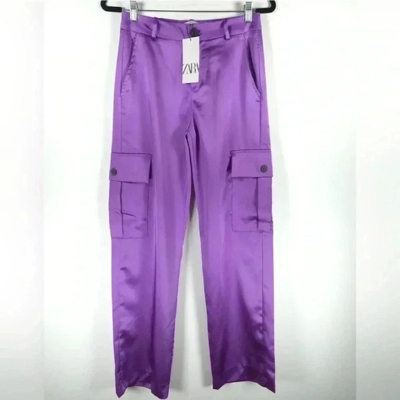 ZARA Satin Purple TROUSERS CARGO PANTS Lightweight Size S NWT - Picture 2 of 6